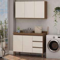 Imagem de Conjunto para Área de Serviço com Balcão 2 Portas e 3 Gavetas e Armário Aéreo 3 Portas Low Dry Ébano/off White