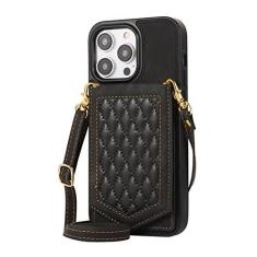 Imagem de Carteira de couro com espelho para cartões Solt Case para iPhone 14 Pro Max 13 Mini 12 11 SE 2022 XR XS 8 7 6 6S Plus Crossbody Lanyard Cover, preto, para iPhone 11