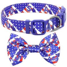 Imagem de BiPawTi Coleira de cachorro com bandeira americana com gravata borboleta, 4 de julho, presente para animais de estimação, coleira patriótica do orgulho azul, coleira de cachorro dos EUA para o Dia da