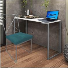 Imagem de Kit Escritório Clark Cadeira e Mesa Industrial Ferro Prata Tampo MDF Branco Suede Azul Turquesa - Ahazzo Móveis