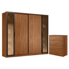 Imagem de Cômoda Atria 4 Gavetas e Guarda Roupa Casal Laredo Nogueira Touch com Vidro Reflecta Demóbile - Demartêz