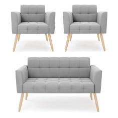 Imagem de Kit 1 Sofá Namoradeira E 2 Poltronas Elisa Suede Cinza Pés Palito Natural - D`rossi