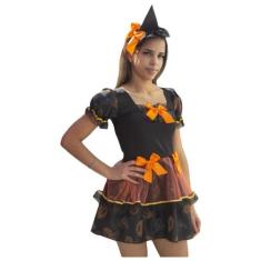 Imagem de Fantasia Bruxinha Carlota Laranja E Preto Infantil Com Tiara - Rei Eli