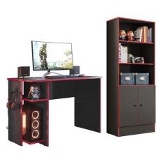 Imagem de Conjunto Gamer Armário 2 Portas E Mesa Para Computador 3875 Preto/Verm