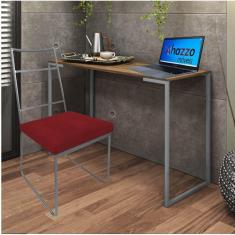 Imagem de Kit Escritório Clark Cadeira e Mesa Industrial Ferro Cinza Tampo MDF Imbuia Sintético Vermelho - Ahz Móveis