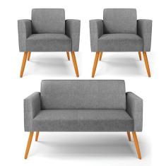 Imagem de Sof  Namoradeira Com 2 Poltronas P s Palito Castanho Marisa L