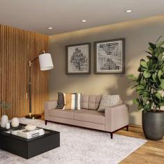 Imagem de Sofá 3 Lugares Calmness Pés E Base Em Madeira Linho Cotton Bege 180 Cm