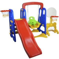 Imagem de Playground Infantil 5 Em 1 Escorregador Balanço Cesta Basquete Gol Bri