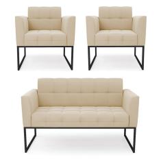 Imagem de Kit 1 Sofá Namoradeira E 2 Poltronas Elisa Linho Bege A19 Base Metálica Industrial Preto - D`rossi
