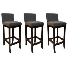 Imagem de Kit 3 Banquetas Média Estofada de Madeira Capuccino Melody Suede Cinza