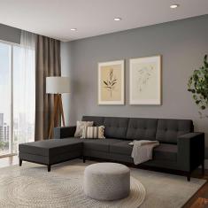 Imagem de Sofá 4 Lugares Joy Com Chaise Esquerdo Pés E Base Em Madeira Linho Cotton Grafite