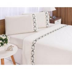 Imagem de Jogo Lençol Veneza Quarto Casal Padrão Bordado 4 Peças 2fronha Cor:palha Com Verde Petróleo