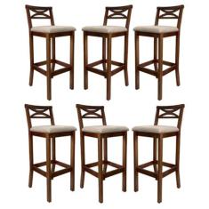 Imagem de Kit 6 Banquetas Média Estofada para Bancada Madri Madeira Castanho Suede Bege CCS