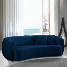 Imagem de Sofá Decorativo Sala de Estar Curvo Esther 3 Lugares 210cm com Almofadas Pés em Madeira Linho Azul Marinho G89 - Gran Belo