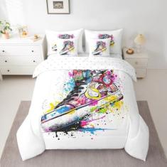 Imagem de Feelyou Conjunto de edredom infantil com tênis retrô descolado, 7 peças, para meninos e meninas, com 1 edredom, 1 lençol com elástico, 1 lençol de cima, 2 fronhas, 2 fronhas