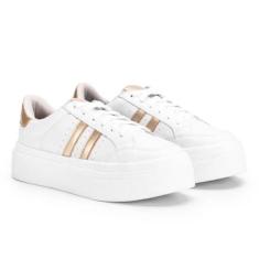 Imagem de Tenis Feminino Sapatenis Sola Alta Listras Original Casual (Branco/dourado, BR, Adulto, Numérico, 34)