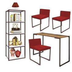 Imagem de Kit Escritório Ravi 3 Cadeiras Suede Vermelho com 1 Mesa e 1 Livreiro Ferro Marrom MDF Malbec - Ahazzo Móveis