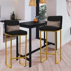 Imagem de Kit 02 Banqueta Alta com Encosto Lucca Industrial Cozinha Balcão Ferro Dourado Suede Preto e Almofada Bege - Ahazzo Móveis