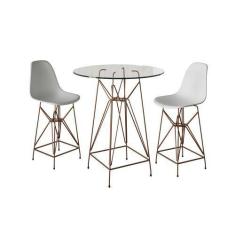 Imagem de Jogo Mesa Bistrô Eames Eiffel Vidro 60cm 2 Banquetas Branca Base Ferro