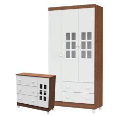 Imagem de Cômoda Infantil E Guarda Roupa 3 Portas Mariah Branco Acetinado Amadeirado - Carolina