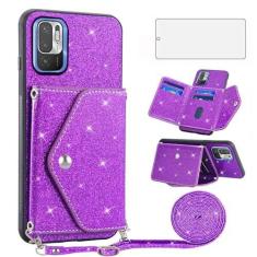 Imagem de Asuwish Capa de telefone para Xiaomi Redmi Note 10 5G capa carteira com protetor de tela de vidro temperado e alça transversal cordão Bling Glitter suporte para cartão de crédito Poco M3 Pro/Redme