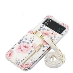 Imagem de Capa transversal para celular para Samsung Galaxy Z Flip 4 3 5G Flip4 Flip3 Retrô Rose Slot para cartões Capa de couro com cordão, branca, para Galaxy Z Flip4 5G