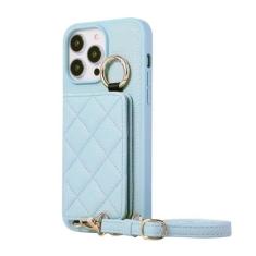 Imagem de Capa carteira com alça de ombro para iPhone 15 Pro Max 14 13 12 11 Pro Max 15 Plus Anel de dedo Couro Slot para cartão Capa traseira com cordão, azul, para iPhone 13