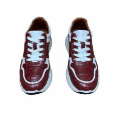 Imagem de Tênis masculino autêntico de pele de crocodilo bordô, branco, couro de jacaré, cor mista, cadarço masculino, casual, sapatilha, Vinho tinto, 38
