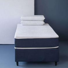 Imagem de cama box solteiro azul com colchão guldi dream mola ensacada (30x88x188) e 1 travesseiro guldi dream branco e azul