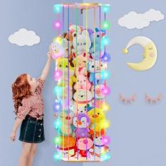 Imagem de Basumee Armazenamento de animais de pelúcia com luz LED de canto organizador de armazenamento de brinquedos de madeira para animais de pelúcia com comprimento ajustável para berçário, sala de jogos,