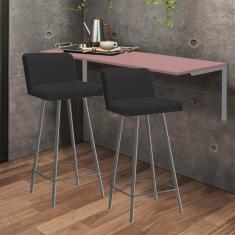 Imagem de Kit Mesa Suspensa de Parede Fixa MDF Rosa + 2 Banquetas Lexi Ferro Cinza Corino Preto - Ahazzo Móveis
