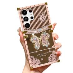 Imagem de TETAW Bonito quadrado compatível com Samsung Galaxy S24 Ultra com suporte dobrável de borboleta brilhante de luxo, capa protetora antiderrapante de policarbonato macio com glitter para mulheres e