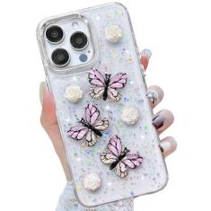 Imagem de CEOKOK Capa para iPhone 13 Pro Max 3D Borboleta Floral Transparente com Design Bonito Glitter Estrelas Brilhantes Fina Flexível TPU À Prova de Choque À Prova de Poeira Capa Estética Feminina Feminina