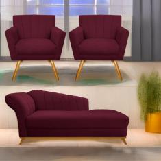 Imagem de Kit Diva Recamier Vanessa 140Cm Lado Direito E 02 Poltronas Laura Suede Cor Bordô