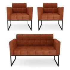 Imagem de Kit 1 Sofá Namoradeira E 2 Poltronas Elisa Corano Nozes Base Metálica