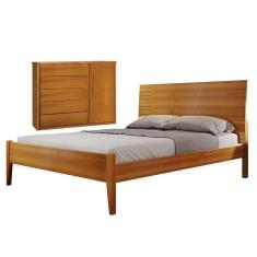Imagem de Conjunto Quarto de Casal Cama Queen Madeira Maciça e Cômoda 5 Gavetas com Sapateira Unique Amêndoa Mel