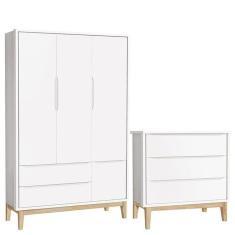 Imagem de Cômoda Gaveteiro E Guarda Roupa Infantil 3 Portas New Classic Branco Com Pés Madeira Natural - Reller