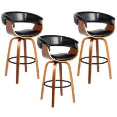 Imagem de Kit 3 Banquetas Giratória Alta Com Encosto Base Madeira Ravi R02 Pu Pr