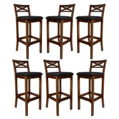 Imagem de Kit 6 Banquetas Alta X Estofada 38x103Cm Ilha Encosto Madri Madeira Maciça Pinhão Suede Preto CCS