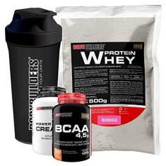 Imagem de Kit Whey Protein 500g + BCAA 4,5 100g + Power Creatine 100g + Coqueteleira – Bodybuilders Sabor Morango