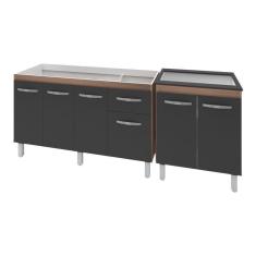 Imagem de Armário Cozinha Gabinete Pia De 140 Cm Camile Com Balcão Cooktop 5 Bocas Savana Frente Preta Jade