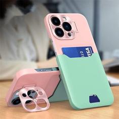 Imagem de Suporte de cartão de couro de luxo, suporte invisível, capa de telefone para iPhone 14 13 12 Pro Max Mini capa protetora de lente de metal, rosa, verde menta, para iPhone 12 Pro