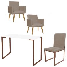 Imagem de Kit Escritório Stan 2 Poltronas com Cadeira e Mesa Industrial Tampo Branco Bronze Suede Bege - Ahz Móveis
