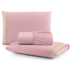 Imagem de Jogo Cama Lençol Haia King Percal 200 Fios 100% Algodão Guipir Bordado Inglês 3 Peças - Rosê