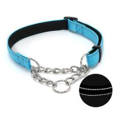 Imagem de Coleira para cães Martingale com corrente de aço inoxidável, coleira refletiva de nylon acolchoada macia, sem puxão, corrente resistente, para cães grandes, médios e pequenos (azul, 33 cm - 59,9 cm)