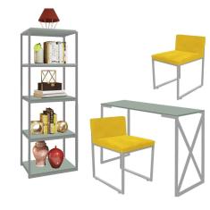 Imagem de Kit Escritório Bex 2 Cadeiras Suede Amarelo com 1 Mesa e 1 Livreiro Ferro Cinza MDF Verde Oliva - Ahazzo Móveis