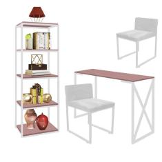 Imagem de Kit Escritório Bex 2 Cadeiras Suede Branco com 1 Mesa e 1 Livreiro Ferro Branco MDF Rose Rosa - Ahazzo Móveis