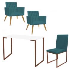 Imagem de Kit Escritório Stan 2 Poltronas Capitonê com Cadeira e Mesa Industrial Branco Bronze Suede Azul Turquesa - Ahz Móveis