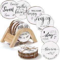 Imagem de Teenyyou Porta-copos de fatias de madeira natural inacabada de 8 a 10 cm com casca, conjunto de 6 círculos de madeira de fazenda com suporte para presente de inauguração de casa, enfeite de Natal,