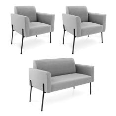 Imagem de Sofá Namoradeira E 2 Poltronas Pé De Ferro Preto Marisa Suede Cinza D03 - D`rossi